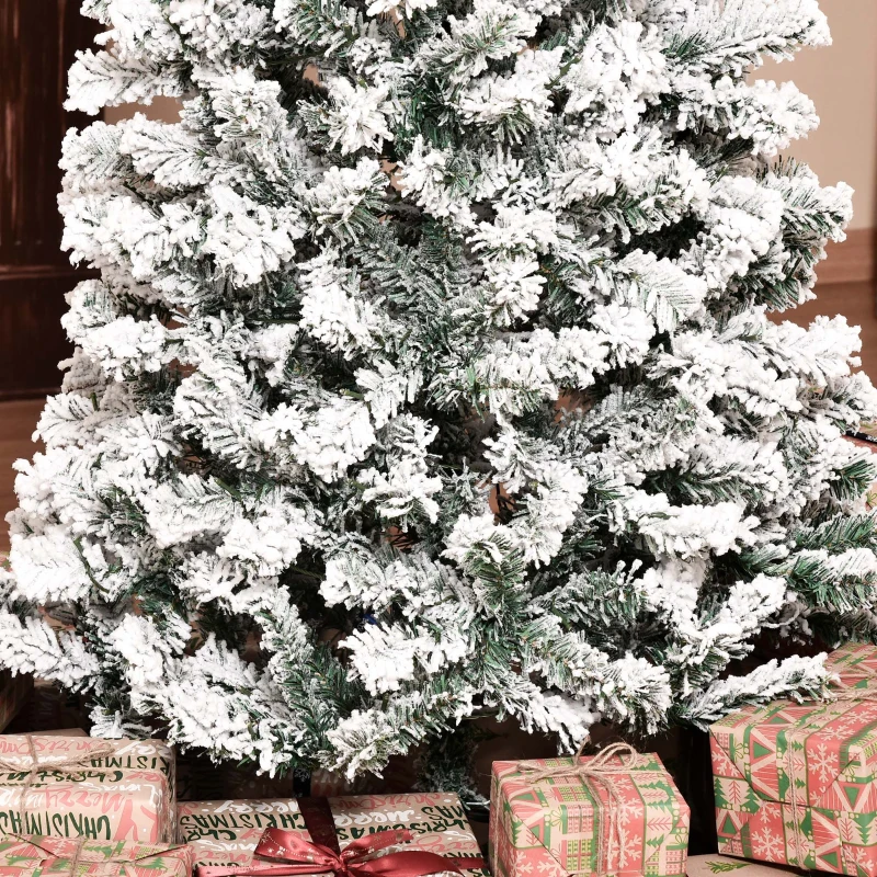 HOMCOM 7.5 Feet Christmas Tree Prelit Artificial Snow Flocked with Warm White LED Light, Holiday Home Xmas Decoration, Green White