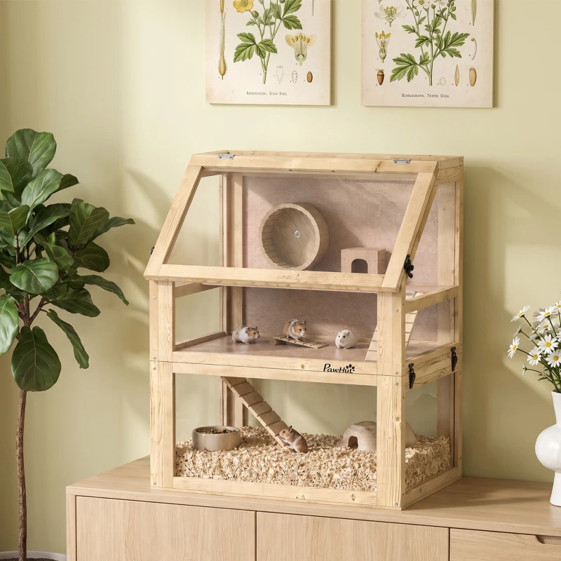 PawHut Wooden Hamster Cage, 3 Tier Gerbil Cage with Deep Bottom, Hut, Seesaw, Exercise Wheel, Ramps, 24" x 16" x 29.5"