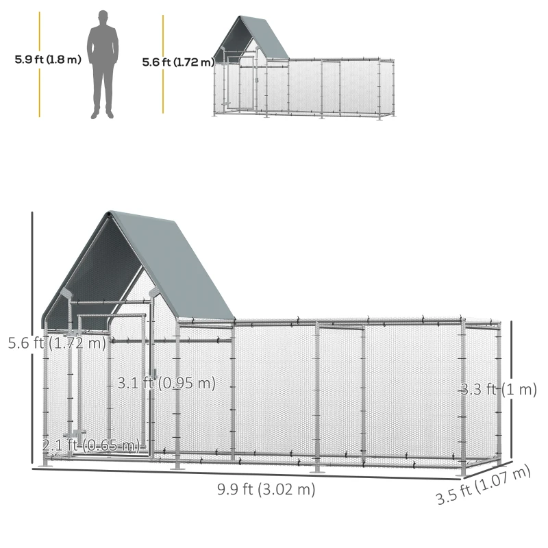 PawHut Walk In Chicken Run, Large Galvanized Chicken Coop, Hen Poultry House Cage, Rabbit Hutch Metal Enclosure w/ Water-Resist Cover for Outdoor Backyard Farm, 9.9' x 3.5' x 5.6'