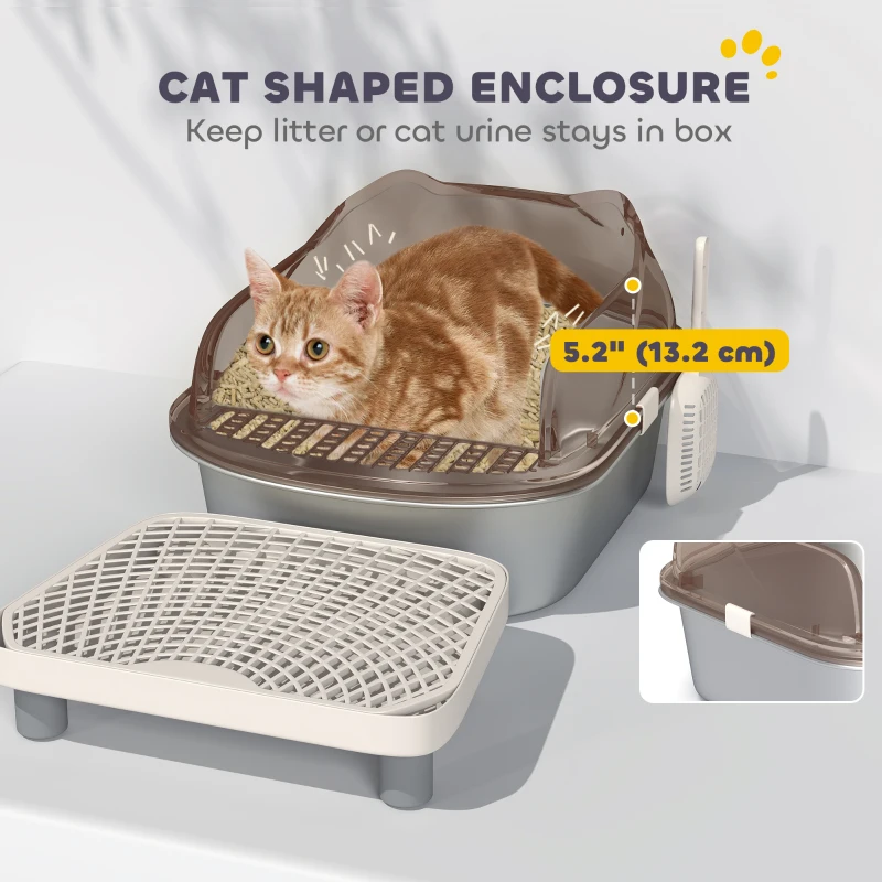 PawHut Stainless Steel Cat Litter Box with High Sided Enclosure, Step, Scoop, Non-Sticky & Anti-Urine Leakage, Easy Cleaning