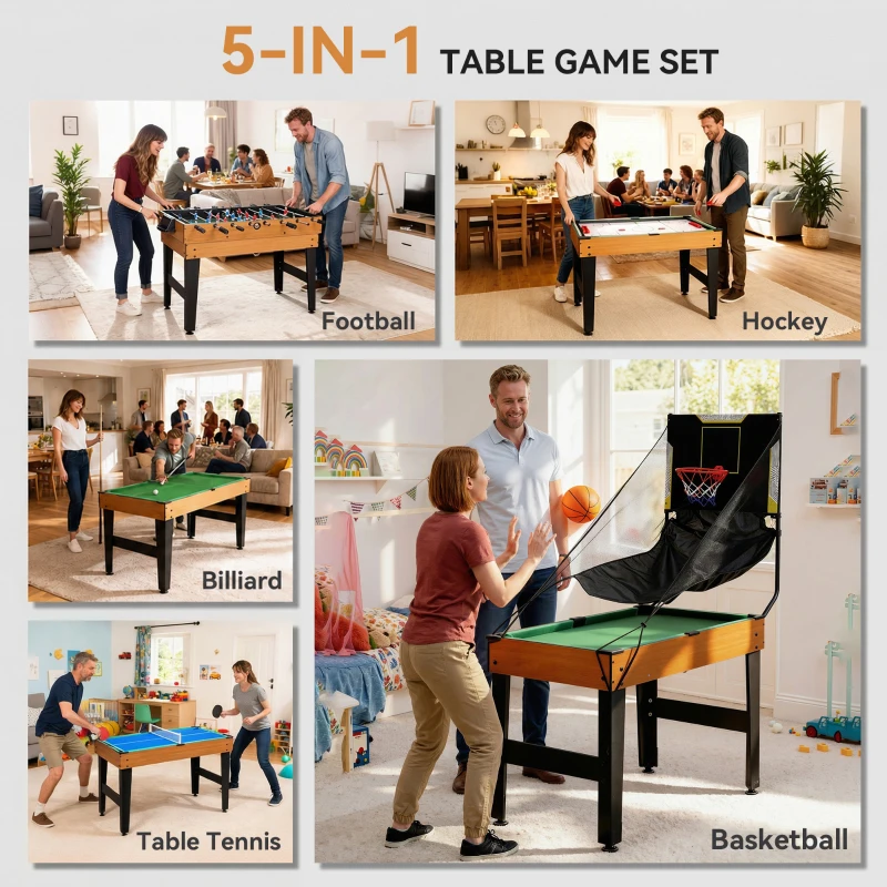 Soozier 5-in-1 Multi Game Table, 53" Combo Table with Foosball, Pool, Ping Pong, Ice Hockey & Basketball, Game Room Sports Set
