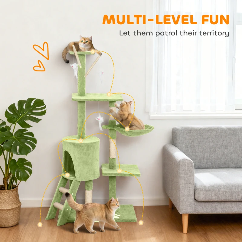 PawHut 53" Cat Tree Tower, Kitten Activity Centre with Scratching Posts, Condo, Perches, Ladder, Hammock, Dangling Toys, Green