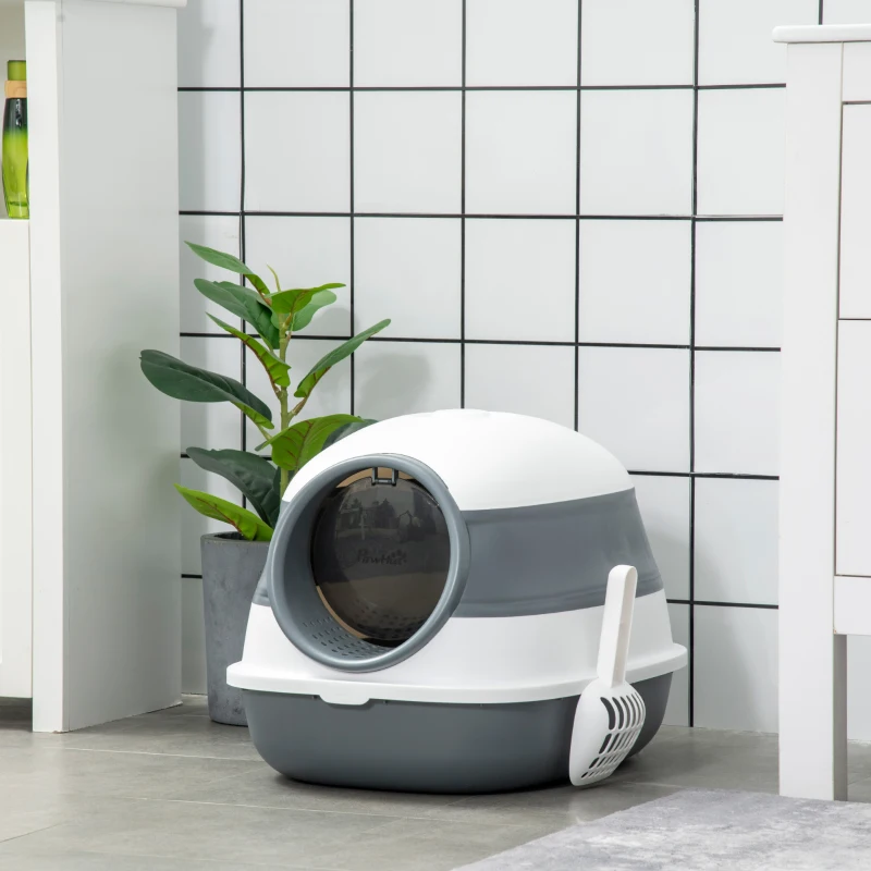 PawHut Foldable Large Cat Litter Box with Lid, Covered Kitten Litter Box w/ Automatic Cat Litter-Proof Sides, Deodorization, Easy to Clean, White and Grey