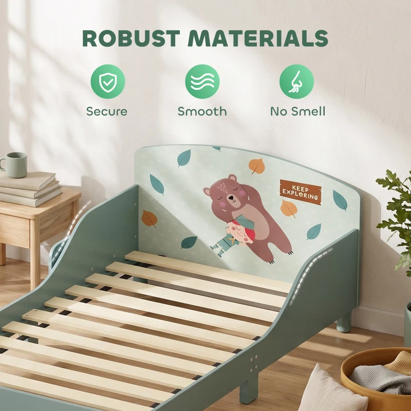 Qaba Toddler Bed with Bedside Storage, Guard Rails, Montessori Bed for Ages 3-8, Fits 132x70x10cm Mattress, Green Bear Print