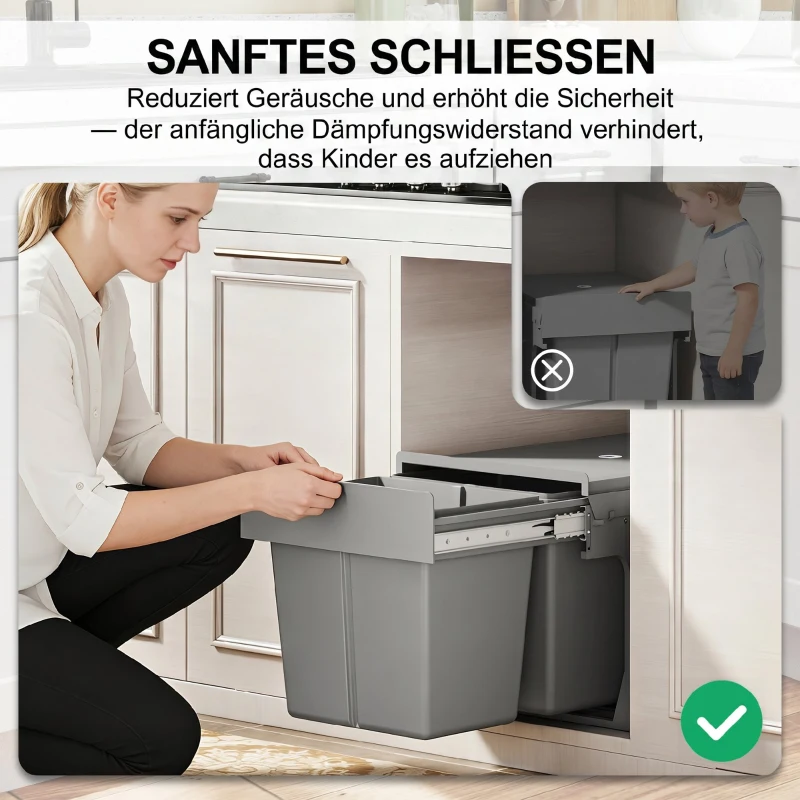 HOMCOM Pull Out Bin, Under Sink Garbage Can with 2 Removable Compartments (4 gallon Each) for Kitchen Waste, Light Grey