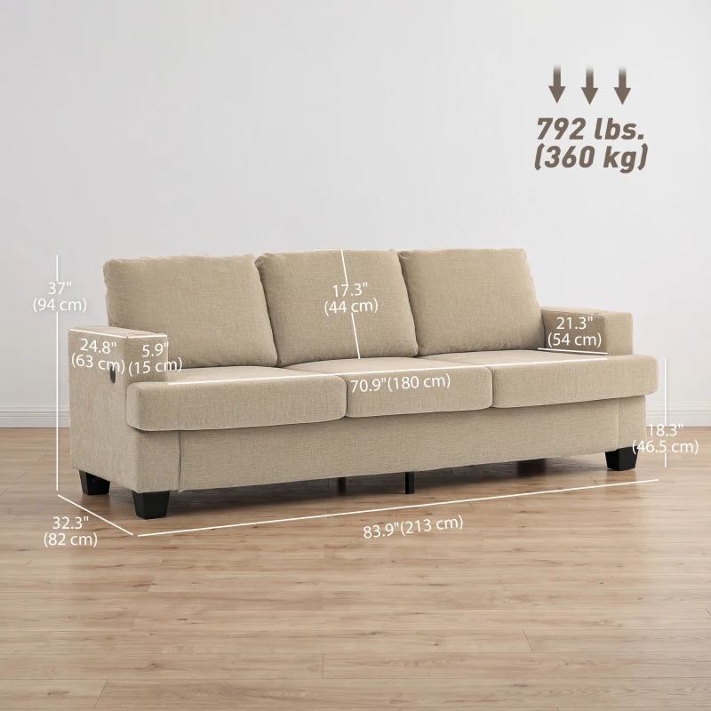 HOMCOM 3 Seater Sofa with USB Ports & Cup Holders, Chenille-Feel Upholstered Couch for Living Room, Light Brown
