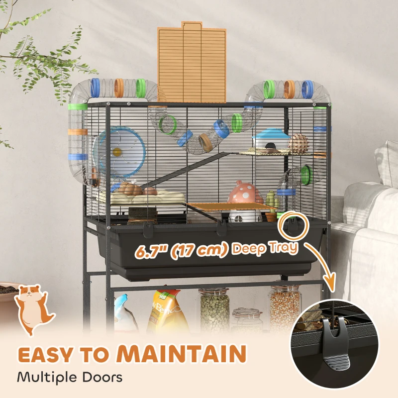 PawHut 3 Tier Rolling Hamster Cage with 7" Deep Tray, Storage Shelf, Big Exercise Wheel, Tube System, for Syrian, Gerbil, Rat