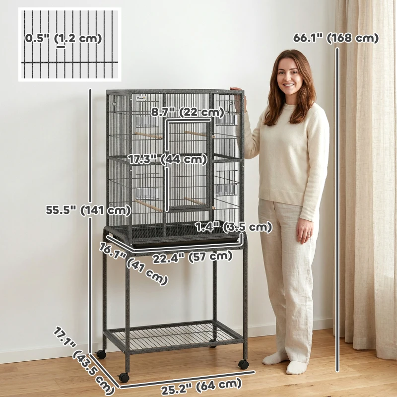 PawHut 56"H Bird Cage, Parrot Cage w/ Detachable Rolling Stand, Removable Tray, Storage Shelf, Perches, Food Container