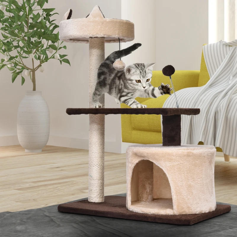 PawHut 81cm/32" Multi-level Cat Tree Scratcher Kitty Activity Center,Condo, Perch, Jumping Platforms,Toys Brown and Beige