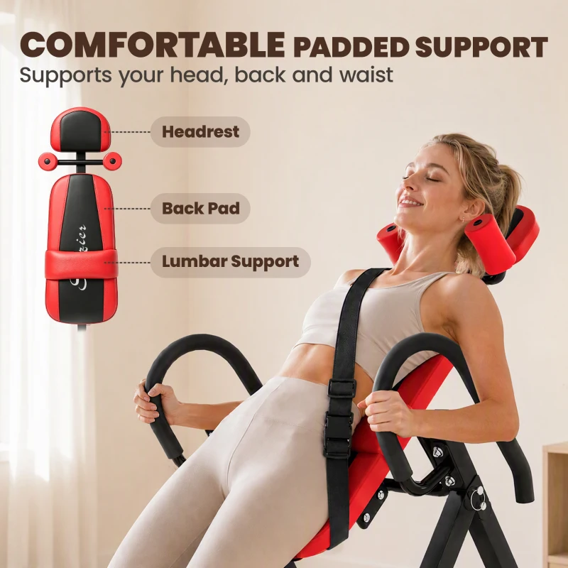 Soozier Heavy Duty Inversion Table with Protective Belt, Adjustable Folding Back Stretcher Machine with Headrest, Red