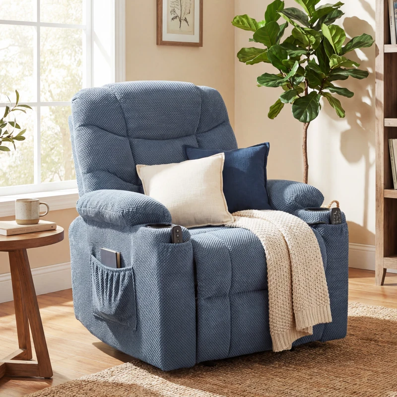 HOMCOM Power Recliner Chair with Massage, Electric Lift Chair for Elderly with Side Pockets, Cup Holders, Remote, Blue
