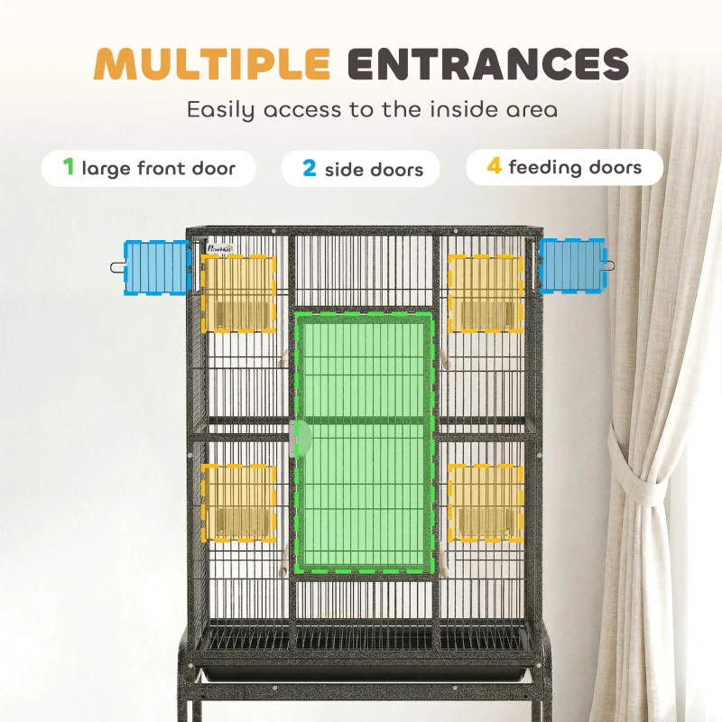 PawHut 56"H Bird Cage, Parrot Cage w/ Detachable Rolling Stand, Removable Tray, Storage Shelf, Perches, Food Container