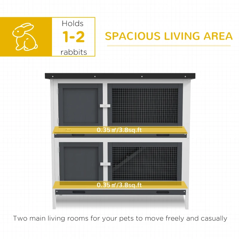 PawHut Wood Rabbit Hutch with 2 Large Main House, Ramp, Trays, Grey
