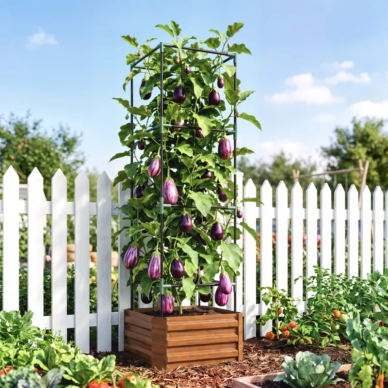 Outsunny Galvanized Planter Box, 24" x 24" x 73.5" Raised Garden Bed with Tomato Cage for Climbing Vines, Brown