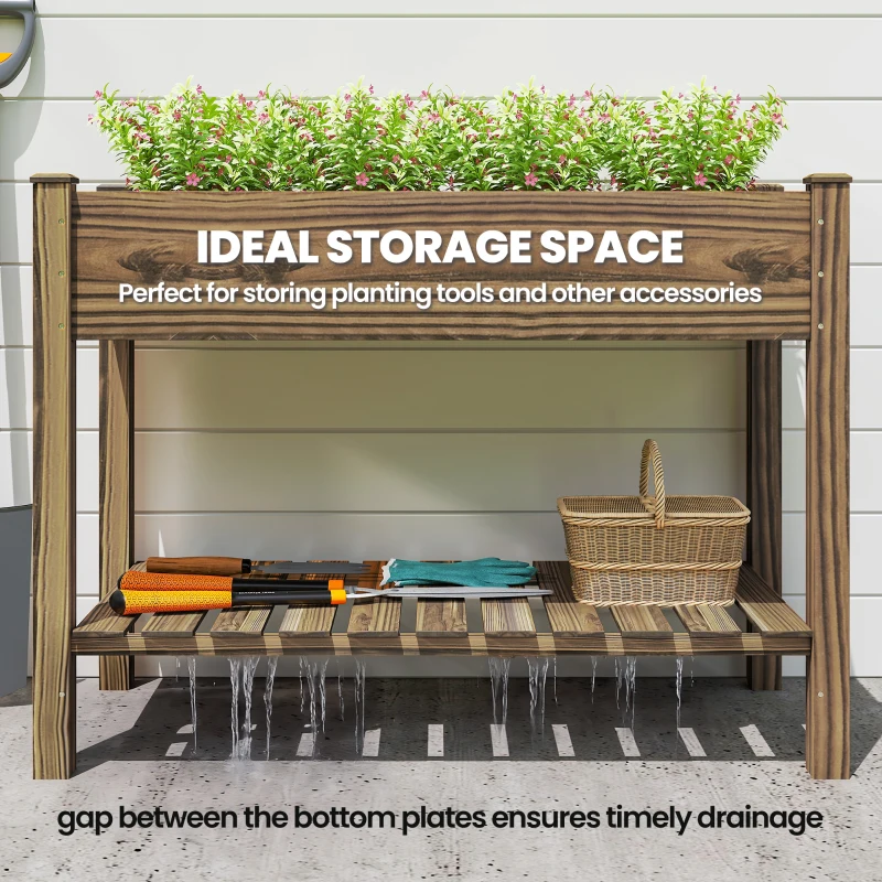 Outsunny Elevated Planter Box w/ Legs and Storage Shelf, Raised Garden Bed, Elevated Wooden Planter Box, Carbonized