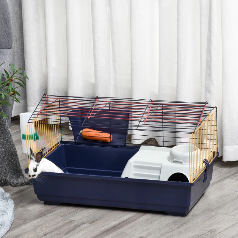 PawHut Small Animal Cage, 35.7" Rolling Guinea Pig Cage with Detachable Stand, Water Dispenser, Food Dish, Ramp, Wheels, for Rabbit, Bunny, Ferret, Chinchilla, Blue, Black, Yellow