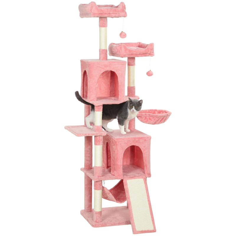PawHut Cat Tree, 70" Multi-Level Cat Tower with 2 Condos, 2 Perches, Hammock, Toy Balls, Scratching Posts and Board, Pink