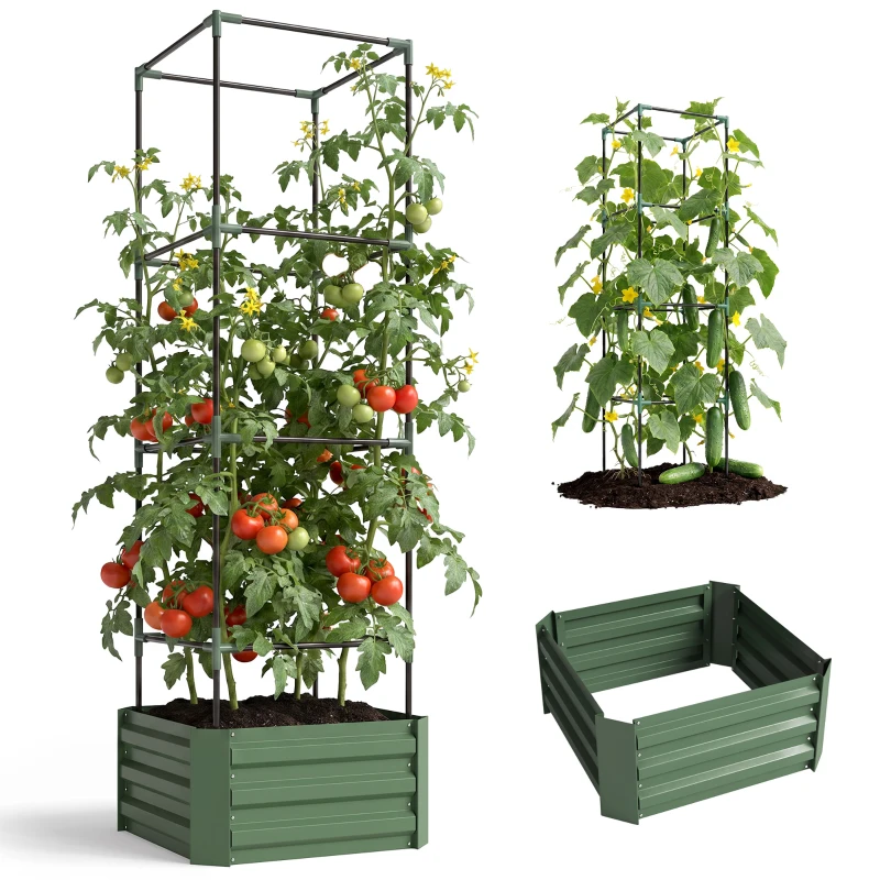 Outsunny Galvanized Planter Box, 24" x 24" x 73.5" Raised Garden Bed with Tomato Cage for Climbing Vines, Green