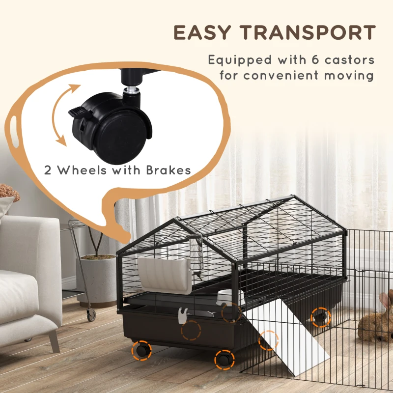PawHut Guinea Pig Cage with Foldable Detachable Playpen, Rolling Rabbit Chinchilla Hedgehog Bunny Cage Small Animal Habitat with Water Bottle, Hay Feeder, 47" x 67" x 24.5"