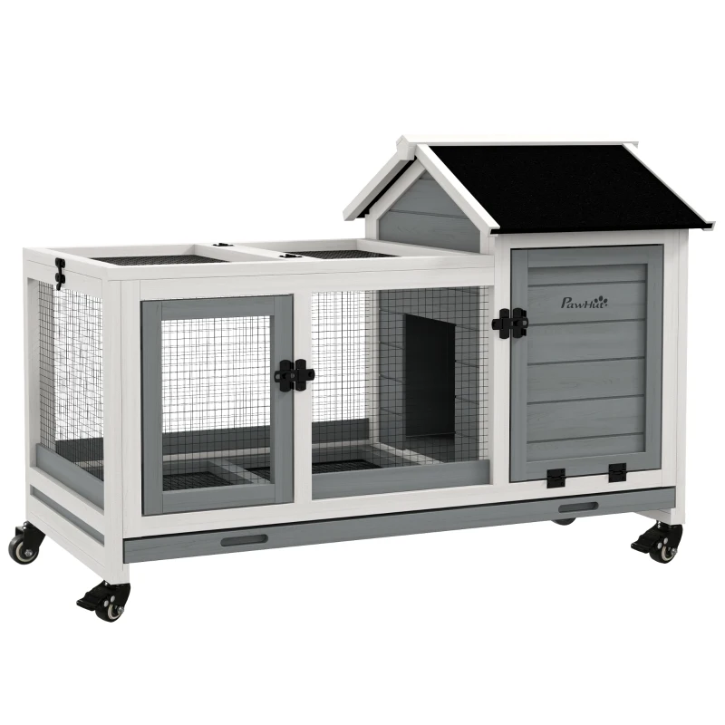 PawHut Rabbit Cage with Wheels, Ramp, Run, Tray for Indoor Outdoor, Suitable for Rabbit, Guinea Pig, Grey