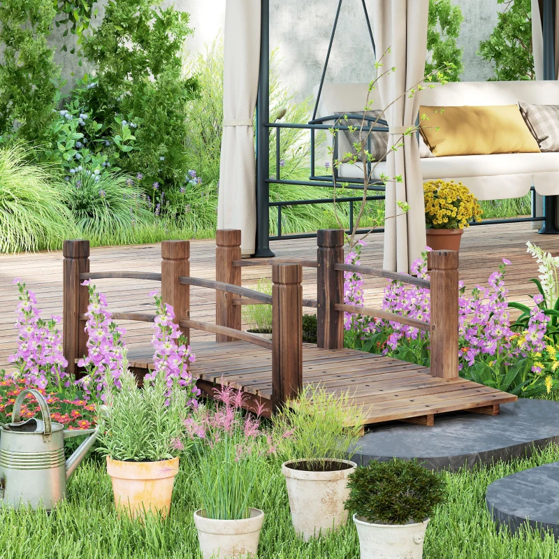 Outsunny 5FT Wood Garden Bridge Outdoor Decorative Landscape Side Rails Backyard Moon Bridge Park Decor Stained Wood