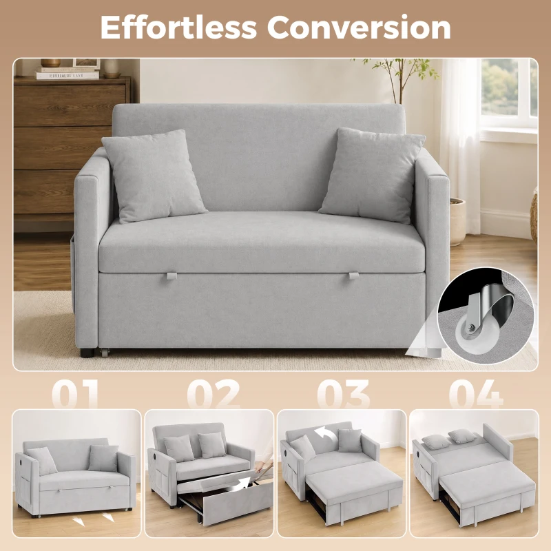 HOMCOM 52" Sofa Bed, Holland Velvet Loveseat Pull Out Sleeper Sofa with USB Ports, Adjustable Backrest, Side Pockets, Grey