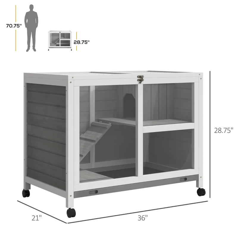 PawHut Indoor Rabbit Hutch with Wheels, Bunny Cage Guinea Pig House W/ Top Access, Ramp, Pull Out Tray, Grey