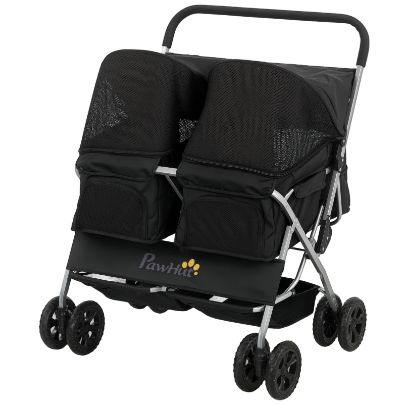 PawHut Double Pet Stroller, Foldable Dog Stroller with 2-Seater Carrier, Sunshade, Removable Pad, Safety Belt, Storage Basket