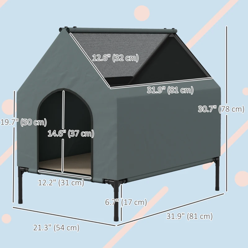 PawHut Dog House Outdoor Elevated Dog Bed with Removable Cover, Mesh Windows, Storage Bag, for S and M-Sized Dogs, Grey