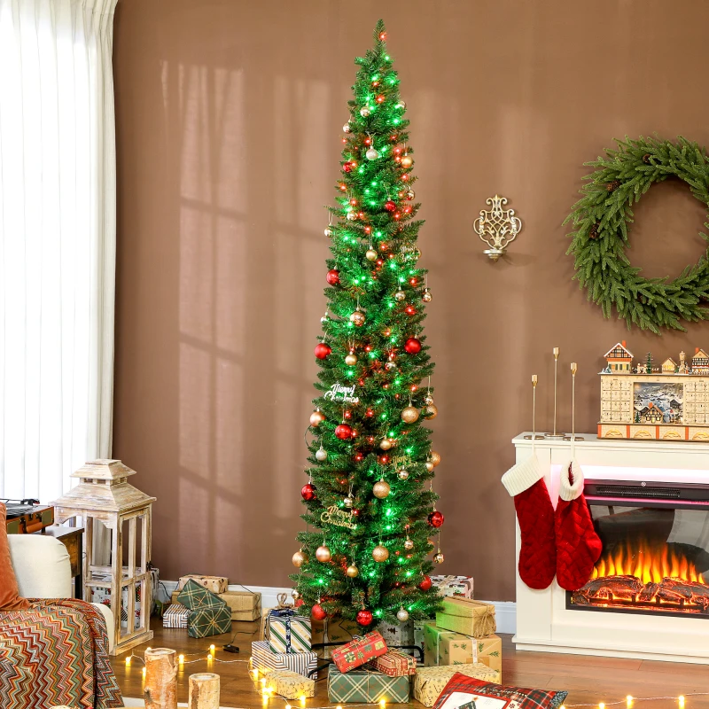 HOMCOM 7.5ft Christmas Tree with Colourful DIY Synchronized LEDs, Hinged Pencil Xmas Tree with Remote, Daily Timer, Green
