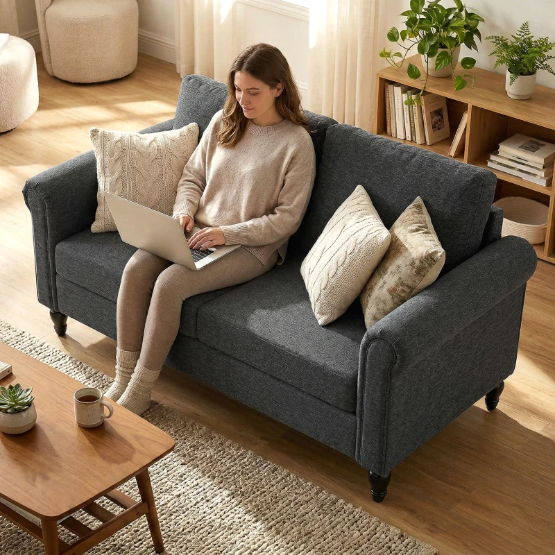 HOMCOM Vintage Loveseat, Upholstered Love Seat Furniture, Chenille-feel Fabric 2 Seater Sofa Couch with Rolled Arms, Gourd-Shaped Rubber Wood Legs for Living Room, Dark Grey