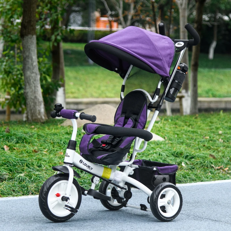 Qaba 6 in 1 Toddler Tricycle Stroller with Basket, Canopy, 5-point Safety Harness, for 12-60 Months, Purple