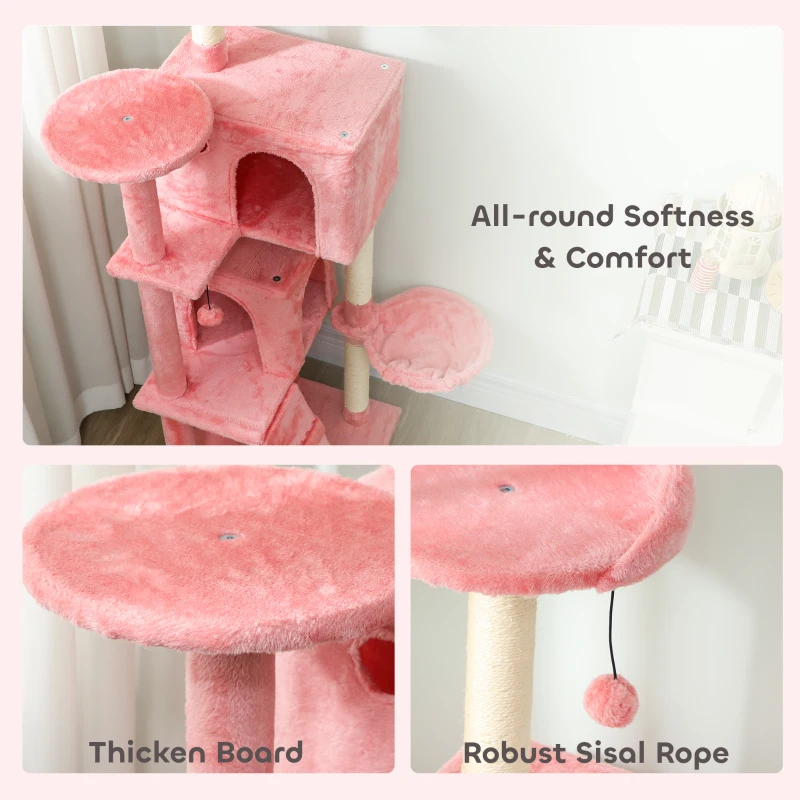PawHut 63 Inch Cat Tree with Sisal Scratching Posts, Condos, Plush Perches, Hammock, Ladder, Dangling Balls, Pink