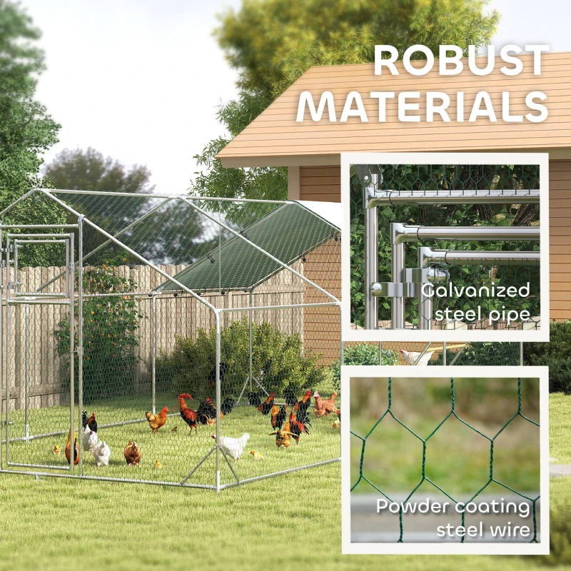 PawHut Large Metal Chicken Run with Waterproof & UV-Resistant Cover, Feeding Door, Hanging Feeder, Perch for 18-24 Chickens