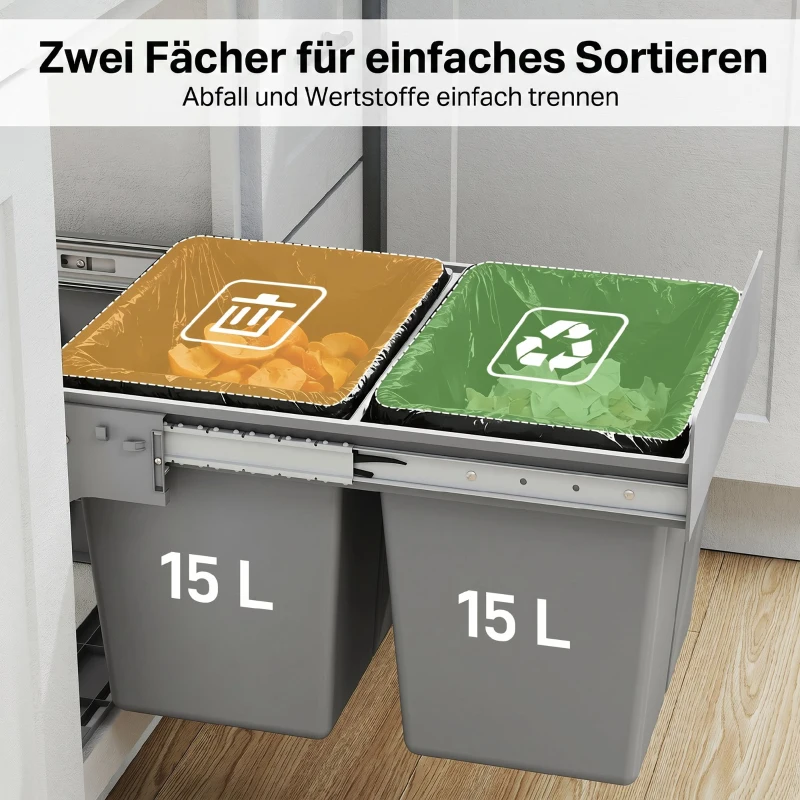 HOMCOM Pull Out Bin, Under Sink Garbage Can with 2 Removable Compartments (4 gallon Each) for Kitchen Waste, Light Grey