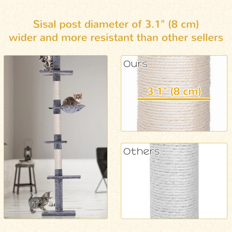 PawHut 8.5ft Cat Climbing Tree 5-Tier Cat Activity Center Floor-to-Ceiling Cat Climber Toy with Scratching Post Play Rest Post Pet Furniture Grey