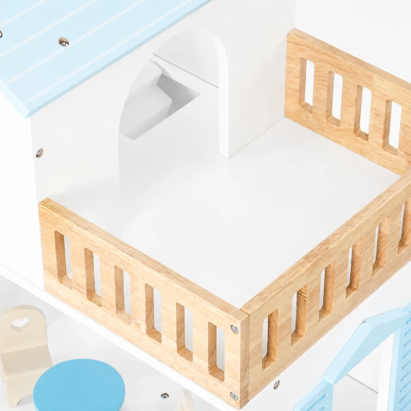 Qaba Wooden Doll House with Elevator, 5 Rooms and 13 Furniture Accessories, Pretend Play Toy Gift for Kids Ages 3-6, Blue