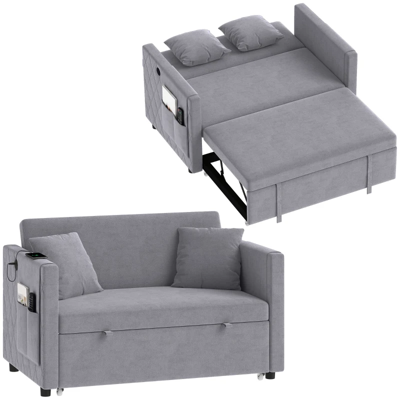 HOMCOM 52" Sofa Bed, Holland Velvet Loveseat Pull Out Sleeper Sofa with USB Ports, Adjustable Backrest, Side Pockets, Dark Grey