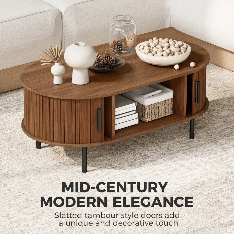 HOMCOM Coffee Table with Sliding Tambour Doors and Storage Center Table with Metal Legs, 39", Brown