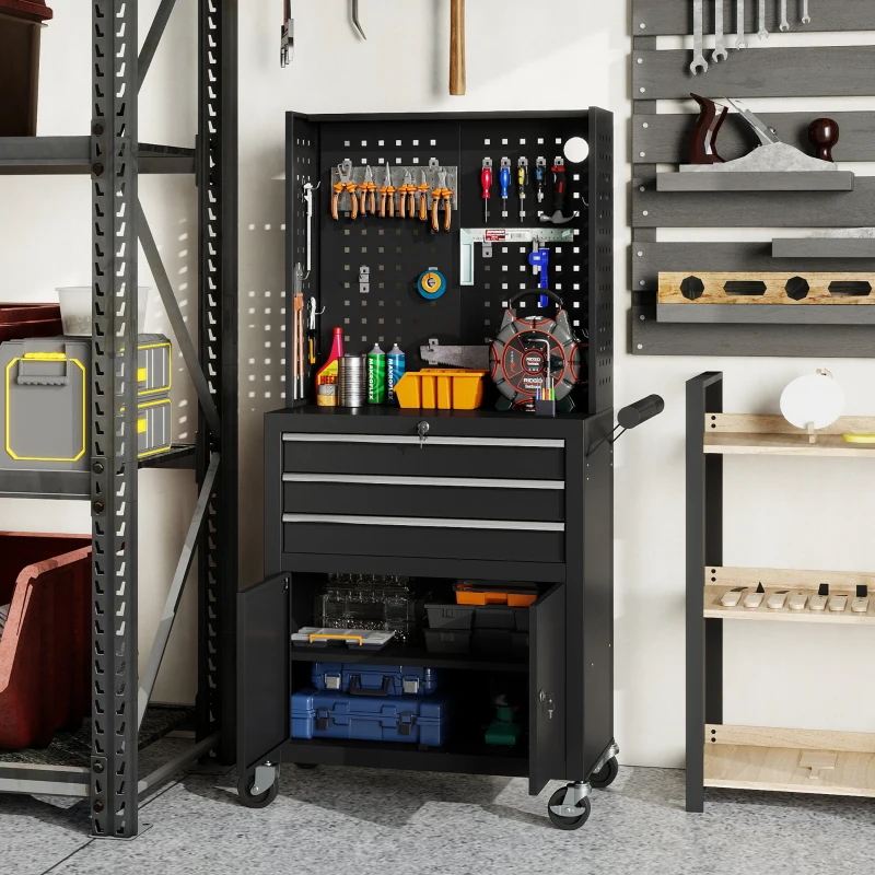HOMCOM Rolling Tool Cabinet with Pegboard, Lockable Tool Chest, Mobile Tool Storage Organizer for Garage and Workshop, Black