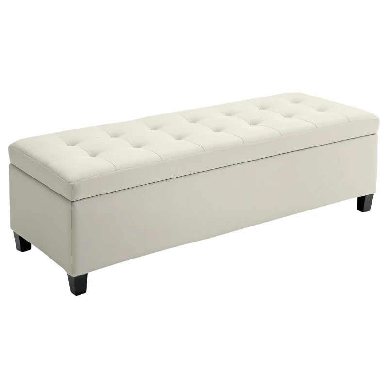 HOMCOM Rectangular Entry Bench, Tufted Upholstered Linen Fabric Wood Feet Storage Ottoman Bench, Beige