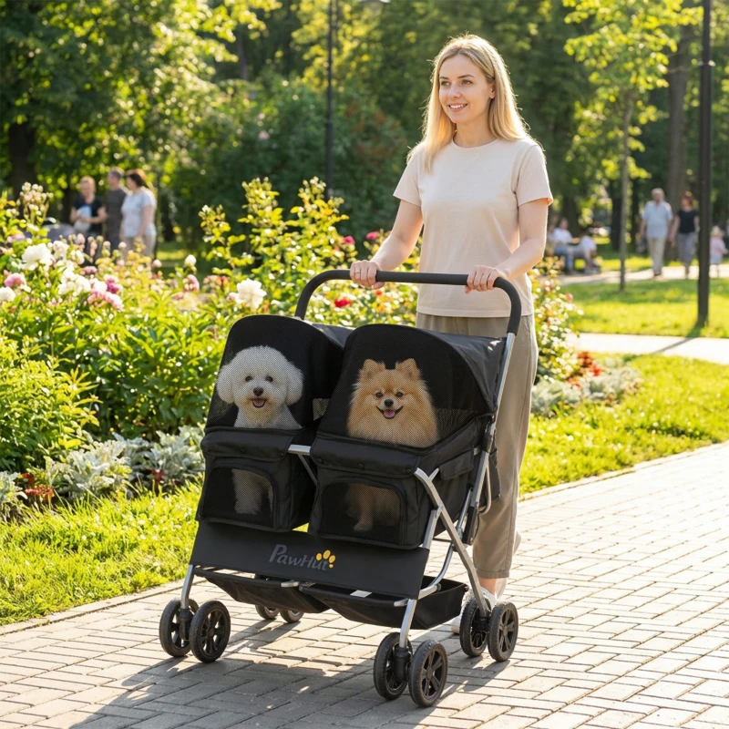 PawHut Double Pet Stroller, Foldable Dog Stroller with 2-Seater Carrier, Sunshade, Removable Pad, Safety Belt, Storage Basket