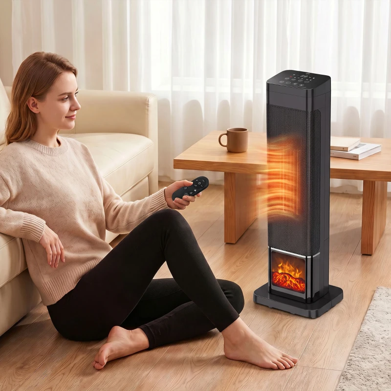 HOMCOM Space Heater with Realistic Flame Effect, 1500W Ceramic Electric Heater with Adjustable Thermostat, Oscillation, Timer