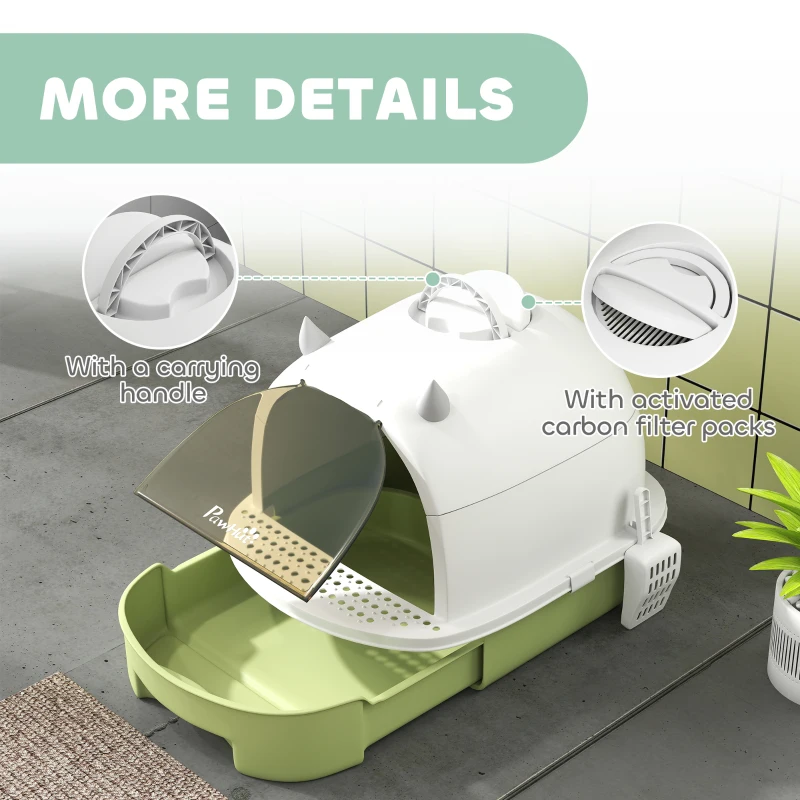 PawHut Cat Litter Box with Lid, Front Door Flap, Scoop, Handle, Easy Clean, for Small and Medium Cats, Green