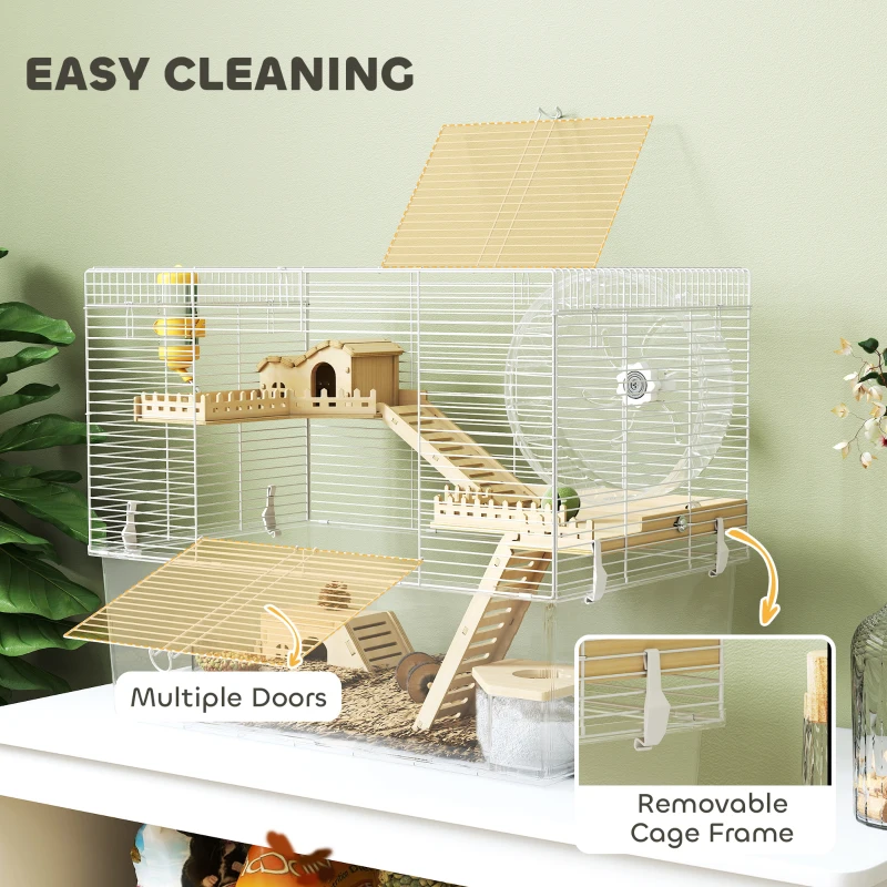 PawHut Hamster Cage with Deep Bottom, Wooden Ramp, Hut, Bathroom and Exercise Wheel for Hamster and Gerbil, White