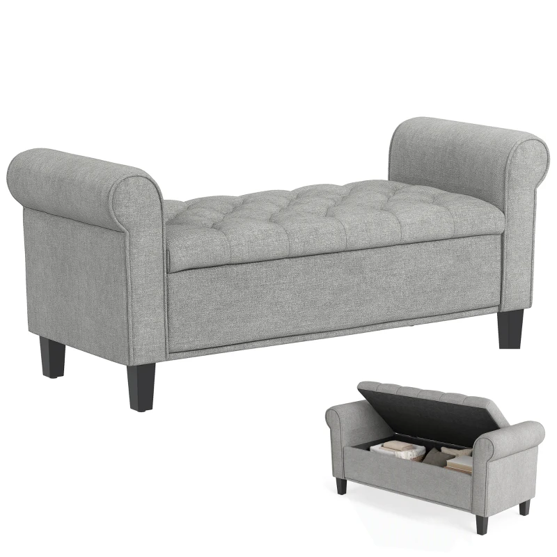 HOMCOM 50 Inches Storage Ottoman, Upholstered Bedroom Bench with Rolled Arms and Button Tufted Storage, Light Grey
