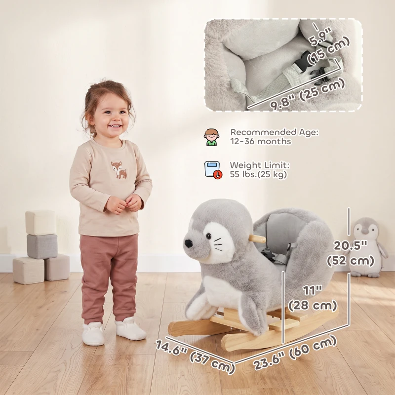 Qaba Baby Rocking Horse, Plush Seal Ride-On Toy for Toddlers 12-36 Months, Kids Animal Rocker with Sounds, Grey