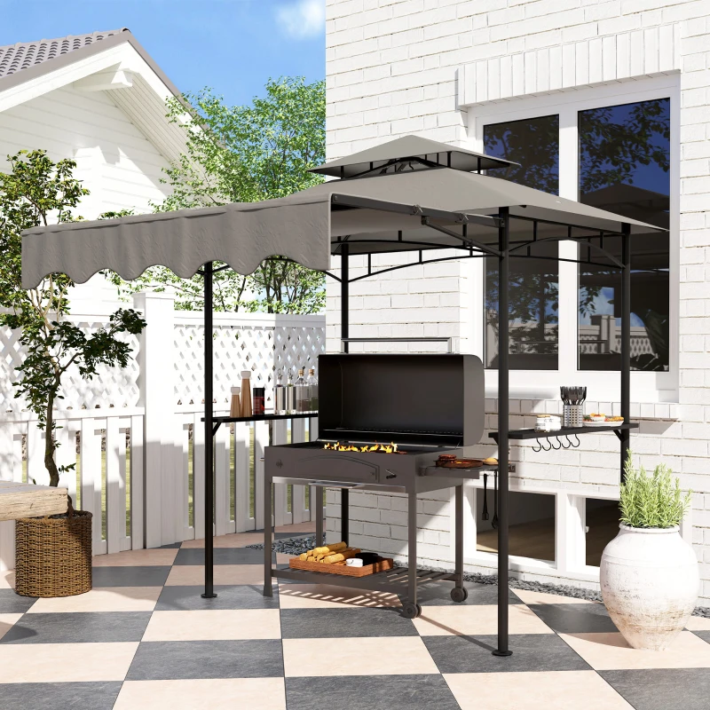 Outsunny 8' x 7.6' Grill Gazebo, Double Tiered Barbecue Grill Gazebo Shelter w/ Side Awning, 2 Side Shelves, 6 Hooks, Light Grey