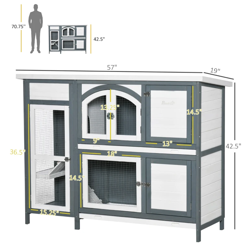 PawHut 57" Rabbit Hutch, 2 Tier Bunny Cage, Guinea Pig Cage, Bunny Run, Indoor Outdoor Small Animal House with Slide-out Tray, Ramp