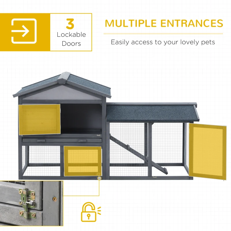 PawHut Wood Rabbit Hutch Backyard Bunny Cage Small Animal House Asphalt Roof w/ Ramp and Outdoor Run Dark Grey